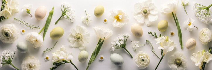 Spring flowers and easter eggs in flatlay