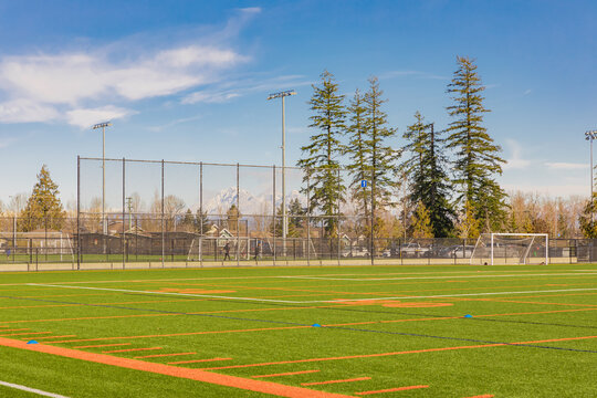 American football and soccer field and grass in sunny spring day