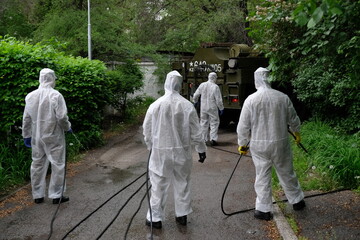 Almaty / Kazakhstan - 05.02.2020 : The military carries out disinfection on the territory of the...