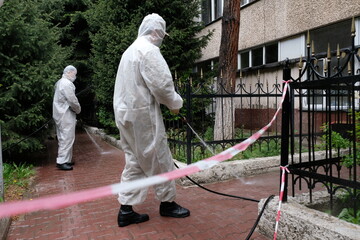 Almaty / Kazakhstan - 05.02.2020 : The military carries out disinfection on the territory of the hospital. Coronavirus quarantine.