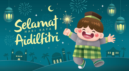 Hari Raya Aidilfitri greeting card with a happy Muslim boy playing firecracker.