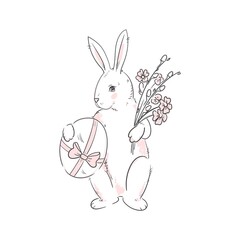 Easter Bunny with an egg,willow and flowers. Linear stock  illustration isolated on white background,outline easter rabbit.