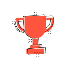 Trophy cup icon in comic style. Goblet prize cartoon vector illustration on isolated background. Award splash effect sign business concept.