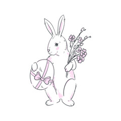Easter Bunny with an egg,willow and flowers. Linear stock vector illustration isolated on white background,outline easter rabbit.