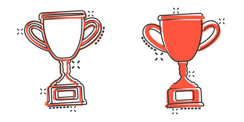 Trophy cup icon in comic style. Goblet prize cartoon vector illustration on isolated background. Award splash effect sign business concept.