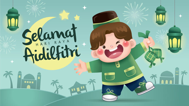 Hari Raya Aidilfitri greeting card with a cute Muslim boy holding ketupat (rice dumpling) .