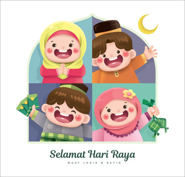 Hari Raya Aidilfitri greeting card with cute Muslim boys and girls celebrating Raya festival.