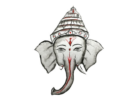 Watercolor painting ink Ganesh god of indian isolated on white background.hand drawn.	