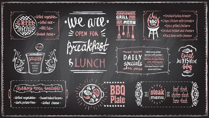 Barbecue menu chalkboard template, vector menu board with BBQ symbols and lettering, blackboard chalk grill menu - obrazy, fototapety, plakaty