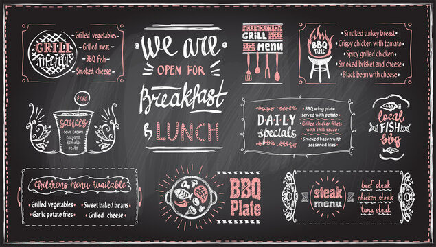 Barbecue menu chalkboard template, vector menu board with BBQ symbols and lettering, blackboard chalk grill menu