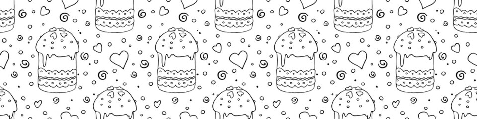 Vector seamless pattern with Easter cake, sweet bread or muffin. Colorful spring background and texture with traditional food in cartoon doodle style