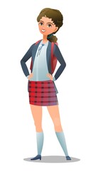 Pretty little girl student. Cheerful schoolgirl in plaid skirt. Standing pose. Cartoon flat design in comic style. Single character. Illustration isolated on white background. Vector