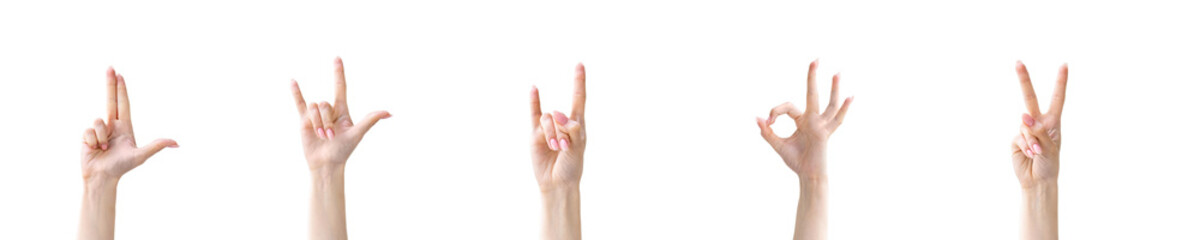 Hand gesture collage. Different sign series. Female fingers showing gun rock horn okay peace V signal isolated on white copy space panorama set of 5.