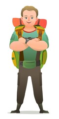 Little boy tourist backpacker. Teen with backpack on his back. Cheerful person. Standing pose. Cartoon comic style flat design. Single character. Illustration isolated on white background. Vector