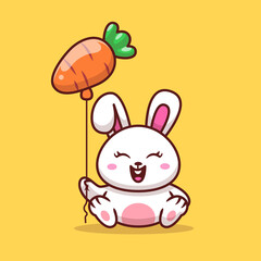 Cute Rabbit Holding Carrot Balloon Cartoon Vector Icon Illustration. Animal Food Icon Concept Isolated Premium Vector. Flat Cartoon Style