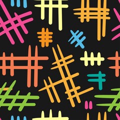 Seamless abstract pattern on black background. Vector doodle image. Graphic linear wallpaper.