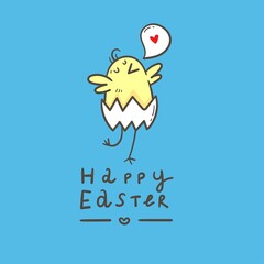 Vector easter card with cute cartoon chicken. Doodle line art character. Funny holiday colorful print.