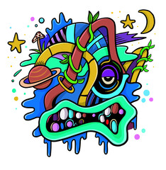 Colorful skull head abstract illustration with some stars and a sun in the background.