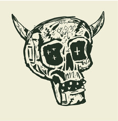 black and white skull illustration with horns