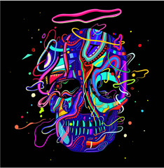 Colorful skull abstract with a halo and black background.