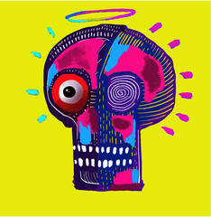 Colorful scary skull abstract illustration with one eye and a halo