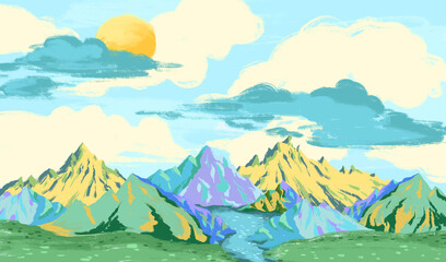 Baby bright colorful background with sky, clouds, mountains, river. Drawn children's book illustration. Design for card, postcard, wallpaper, photo wallpaper, mural. 