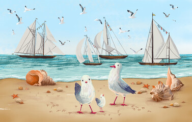 Baby bright colorful background with sea, sky, beach, sailboats, seagulls, shells. Drawn children's book illustration. Design for card, postcard, wallpaper, photo wallpaper, mural.  - obrazy, fototapety, plakaty