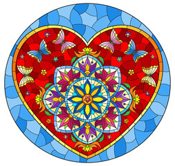 An illustration in the style of a stained glass window with an abstract heart with bright flowers and butterflies on a blue background