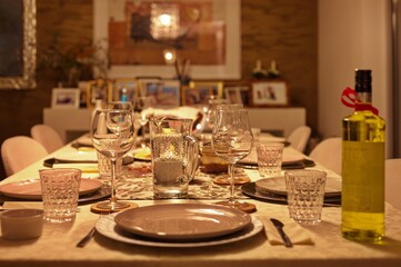 Table setting for dinner in living room