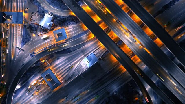 4K UHD : Aerial time lapse in motion drone shot of freeway and interstate traffic. cars and light streaks. hyperlapse traffic

