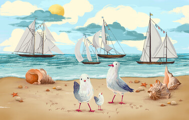 Baby bright colorful background with sea, sky, beach, sailboats, seagulls, shells. Drawn children's book illustration. Design for card, postcard, wallpaper, photo wallpaper, mural.  - obrazy, fototapety, plakaty