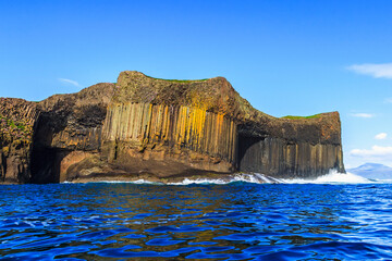 Fingal's cave at Staffa island with sea waves, in scotland