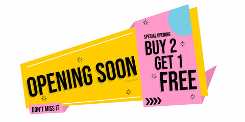 advertising banner containing opening soon and buy 2 get 1 free with mamphis theme and yellow background. suitable for new product launch designs.