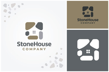 Rock Gravel Pebble House with windows for Natural Stone Rural Home logo design