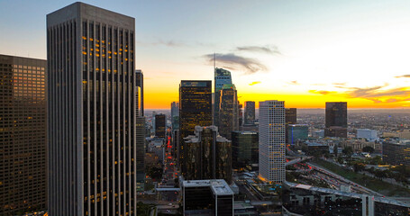Obraz premium Los Angels downtown skyline, panoramic city skyscrapers.