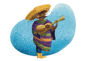 Cartoon Mexican man plays the guitar and sings isolated on blue background