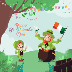 Obraz na płótnie Canvas Happy St. Patrick's Day. Cute Cartoon Leprechaun and Child with Gold and Irish Flag Flat Illustration
