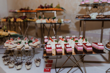Sweet cakes at a wedding banquet. Catering, sweet festive buffet. Candy bar