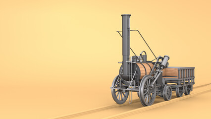 Old locomotive with a steam engine, on a yellow background with copy space. Steam locomotive rocket. 3d render
