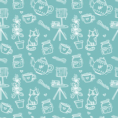 seamless pattern with cat and interior elments line