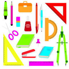 Office and school education  study set collection objects. Vector cartoon illustration of ruler, book, pen, pencil, notebook, bag, eraser, drawing compass, scissors. Back to school.