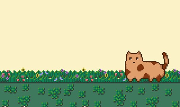Pixel art wallpaper or background, yellow sky, green grass, flowers and cat. 