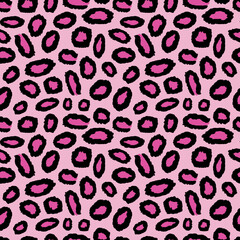 Leopard skin seamless pattern in pink, abstract print with leopard fur texture, pink animal skin design, fashion textile pattern, vector illustration