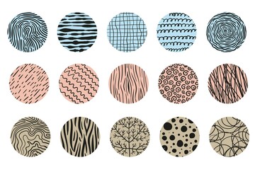 Set of round abstract shapes, backgrounds, patterns, icons for social networks. Drawn doodle shapes, curves, lines, spots, drops. Fashionable modern trend. Vector illustration.