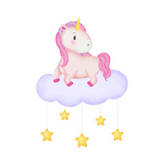 Cute pink unicorn sitting on the cloud. Watercolor style vector design