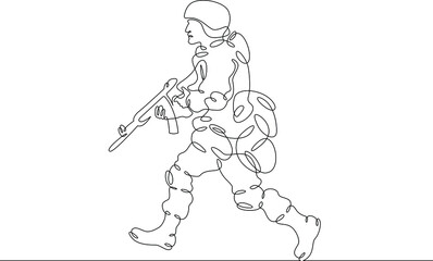 Fototapeta na wymiar One continuous line.Russian warrior on the attack. Modern Russian military man in combat gear. Soldier with weapons and helmet.Continuous line drawing.Line Art isolated white background.