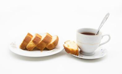 pound cake with tea isolate on white background