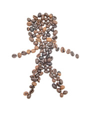 Isolated roasted brown coffee beans design like human over white close up