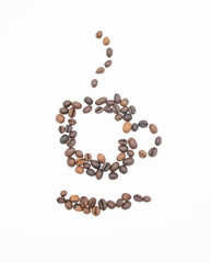 roasted brown coffee beans design like cup of coffee, selective focus
