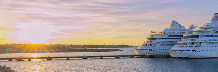 2 Cruises ships waiting in Tallinn harbour for a return sail date ships. sunset time in harbour....